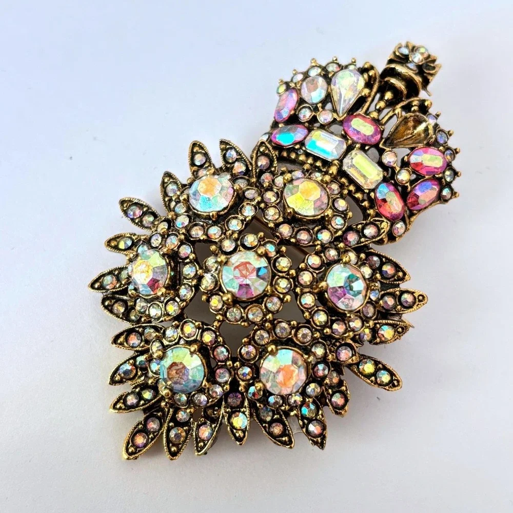 Vtg R Serbin Brooch Crown Royal Crest Gold Tone Rhinestone Aurora Borealis *Read